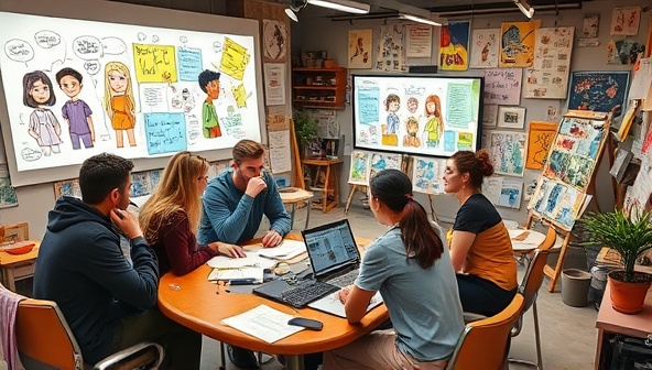A team of writers and artists brainstorming together in a creative studio, surrounded by sketches, notes, and mood boards, with a vibrant and diverse array of characters coming to life on the walls and screens, showcasing the collaborative and imaginative process of character development.