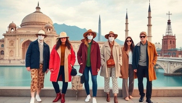 A chic and stylish travel wardrobe featuring mix-and-match outfits, versatile layers, trendy accessories, and statement pieces, displayed against a backdrop of iconic travel destinations and cultural landmarks, showcasing the fusion of fashion and travel in a visually captivating way.