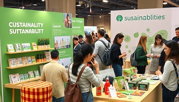 An interactive setup at a sustainability event with vibrant displays of eco-friendly products, attendees engaging with product samples, and brand representatives sharing insights on sustainability practices, conveying a sense of community and environmental awareness.
