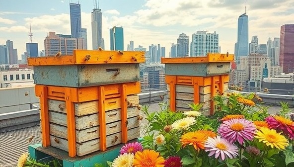 An artistic image capturing urban rooftop bee hives against a backdrop of city skyscrapers, with bees buzzing around vibrant flowers, showcasing the harmonious coexistence of urban life and nature in honey production.