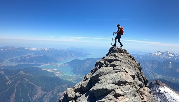 An outdoor scene capturing a breathtaking mountain peak with a lone adventurer conquering the summit, overlooking a vast landscape of untouched wilderness, embodying the spirit of exploration and adventure travel.