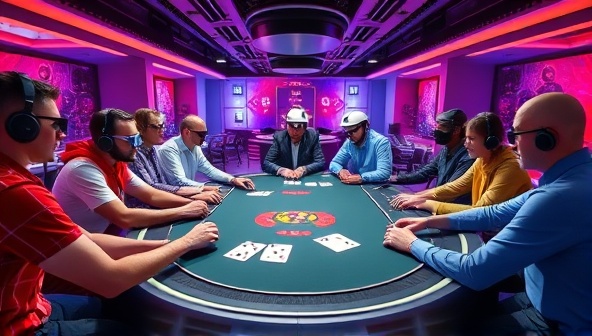 A vibrant virtual poker table in a futuristic VR setting, with avatars of diverse players interacting and playing cards, showcasing the immersive and social aspects of VR Poker Haven.