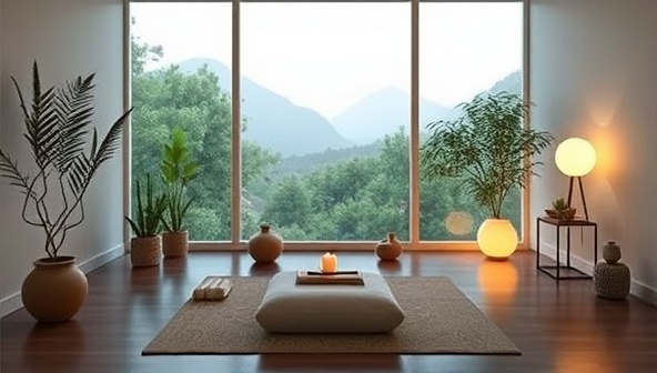 A serene virtual meditation space with calming nature sounds, soft lighting, relaxation props, and mindfulness aids, creating a tranquil and rejuvenating environment for remote mindfulness retreats and inner reflection journeys.