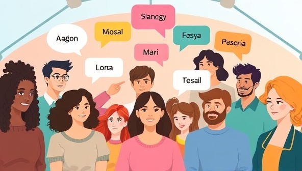 An online platform interface showing diverse avatars engaged in a virtual language learning pod, with speech bubbles in different languages, creating a dynamic and interactive learning atmosphere.