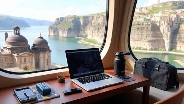 A modern and efficient workspace setup in a picturesque travel destination, featuring a laptop, travel essentials, and a scenic view outside the window, capturing the essence of remote work and travel integration facilitated by NomadNavigators.