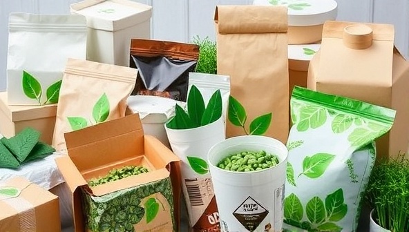 An eye-catching image of eco-friendly packaging materials, showcasing the biodegradable and compostable nature of the products, with a focus on sustainability and environmental consciousness in the packaging industry.