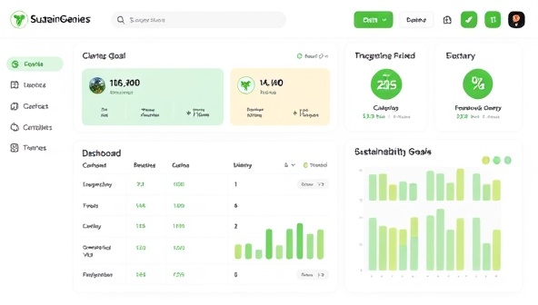 An interactive dashboard displaying personalized sustainability goals and progress trackers for clients, with green badges and achievements unlocking as users adopt more eco-friendly practices, showcasing the transformative impact of SustainGenie's action plans.