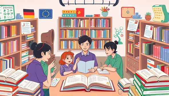 An illustrated language learning scene with diverse characters interacting in a virtual world, engaging in language exercises and conversations within a vibrant narrative setting, surrounded by language textbooks and cultural artifacts, fostering a dynamic and immersive learning experience through storytelling.
