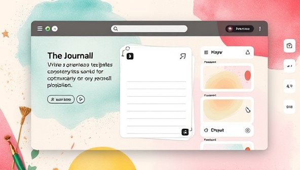 A digital interface mockup of the journaling platform featuring customizable templates, art-inspired backgrounds, and interactive tools for users to write, draw, and express their creativity, fostering a sense of artistic freedom and inspiration.