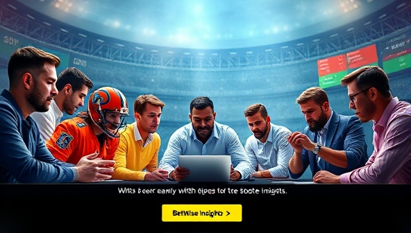 An engaging graphic showcasing a diverse team of expert tipsters analyzing sports events and sharing betting insights, highlighting the expertise and credibility of the BetWise Insights subscription service.