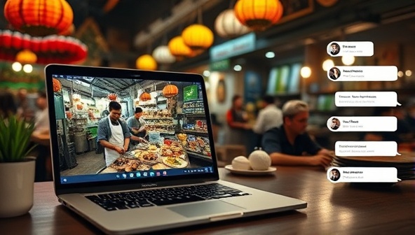 An immersive virtual food tour setup with a laptop displaying a bustling street food market scene, a chef conducting a live cooking demonstration, and users engaging with the experience through interactive chat features, creating a dynamic and culturally rich culinary exploration on GlobalGastronome.