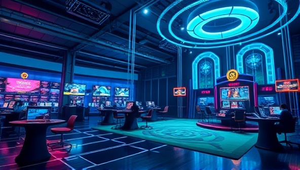 A futuristic depiction of a virtual casino environment powered by blockchain technology, featuring transparent game mechanics, secure transactions, and decentralized governance, symbolizing the cutting-edge and secure nature of BlockBet Nexus.