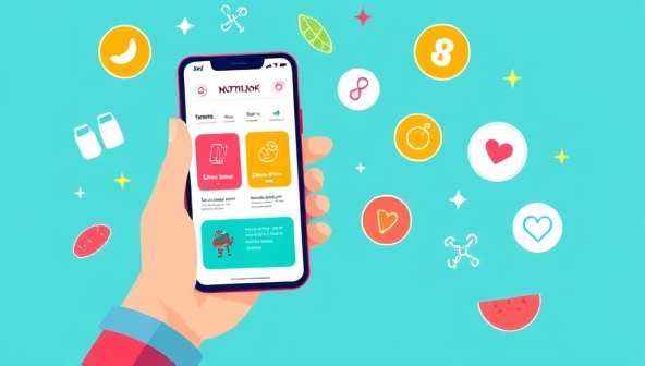 A vibrant digital illustration of a person using a smartphone to access the NutriLink platform, showing colorful meal plans and fitness tips, surrounded by icons representing health and nutrition.