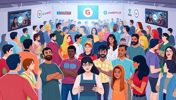 An interactive virtual world showcasing diverse avatars engaging in social activities like gaming discussions, live streams, group chats, and virtual events, symbolizing the dynamic and inclusive community of gamers within the GameSphere social network.