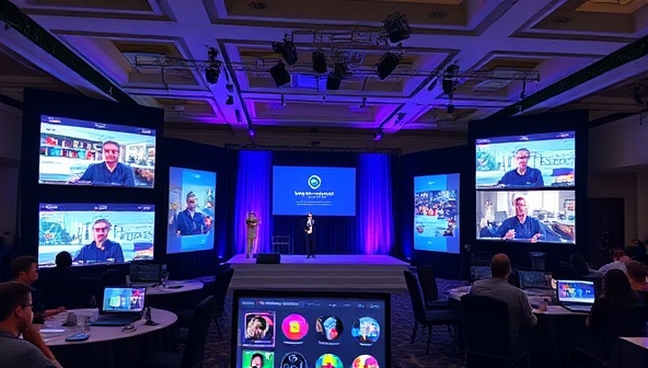 A virtual event setup with multiple screens displaying interactive features, a stage for presentations, and attendees engaging in virtual networking, showcasing the versatility and innovation of virtual event planning through EventCraft Coordinators.