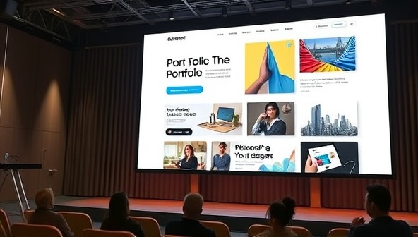An engaging and modern portfolio website design displayed on a large screen, featuring interactive elements, animations, and diverse project showcases, inspiring creativity and professionalism among budding designers using the platform.