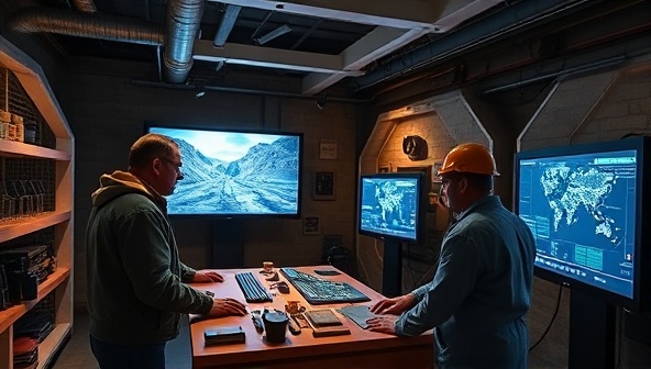 An interactive workshop setting with miners engaging with advanced technology simulations and interactive displays, creating a futuristic and educational atmosphere for learning about modern mining practices.