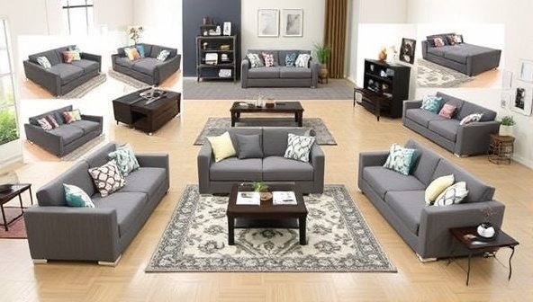 A versatile modular furniture set displayed in a modern living room, showcasing different configurations and style options, surrounded by interchangeable cushions and decor elements, highlighting flexibility and style in rental furnishings.
