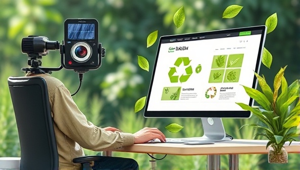 An artistic representation of a web designer using solar-powered equipment to create a website design with eco-friendly elements like green leaves and recycling symbols, conveying the message of sustainability in web design.
