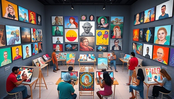 A digital art gallery showcasing a diverse collection of virtual artworks from different artists, surrounded by avatars painting, drawing, and collaborating on various pieces, creating a colorful and interactive art jamming environment that fosters creativity and community in a digital realm.