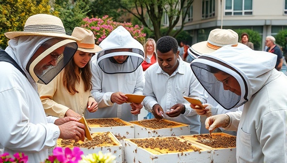 A group of diverse individuals in beekeeping suits working together in an urban setting, surrounded by blooming flowers and busy honeybees, capturing the essence of community engagement and hands-on learning in beekeeping.