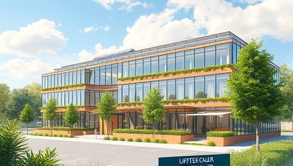 An artistic rendering of a sustainable office building, featuring solar panels, green roofs, and natural lighting elements, illustrating the harmony between architecture and nature.