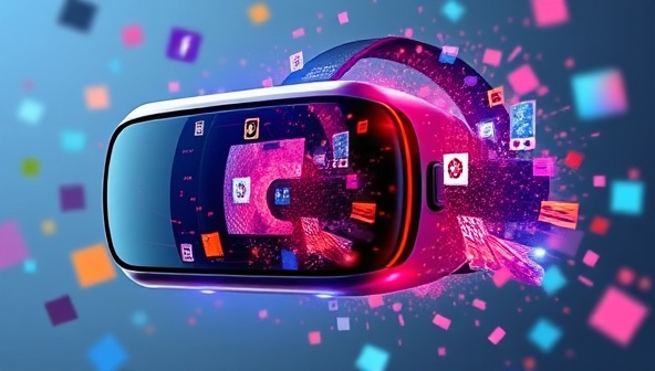 An enticing VR headset with vibrant digital content swirling around it, reflecting a futuristic and immersive marketing experience that VR Impressions offers to subscribers.