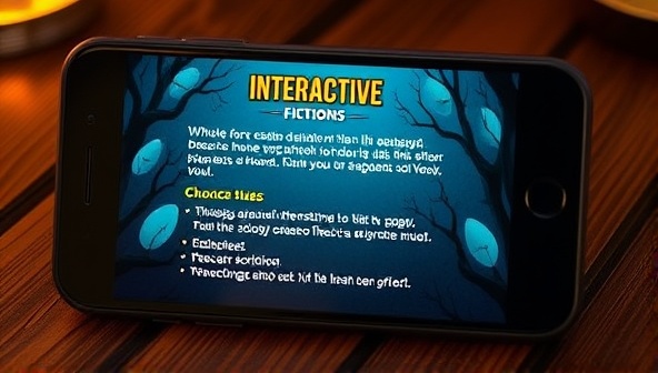 An engaging mobile screen displaying a captivating interactive fiction storyline with multiple choice options, dynamic character illustrations, and atmospheric background music, immersing users in the storytelling experience of the StoryScribe app.