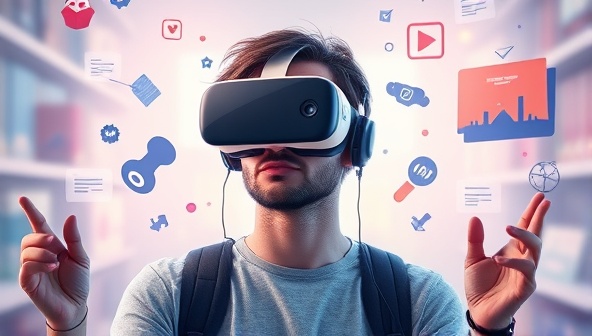 An imaginative depiction of a designer wearing a VR headset, surrounded by floating website elements and interactive tools in a virtual environment, illustrating the fusion of creativity and technology in VR web design.