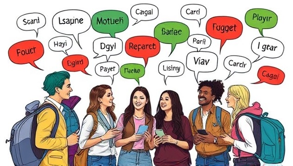 A diverse group of travelers engaged in a lively language exchange meetup, with conversation bubbles in various languages floating around them, representing the dynamic and interactive nature of the language learning community.