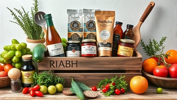 A beautifully arranged selection of artisanal food products in a rustic wooden crate, surrounded by fresh produce and kitchen utensils, evoking a sense of culinary delight and local gastronomic experiences.