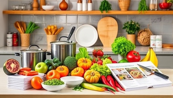 An appetizing kitchen scene with vibrant plant-based ingredients, cookware, and recipe cards neatly arranged on a countertop, inviting subscribers to embark on a culinary journey of healthy and sustainable cooking with GreenPlates Express meal kits.