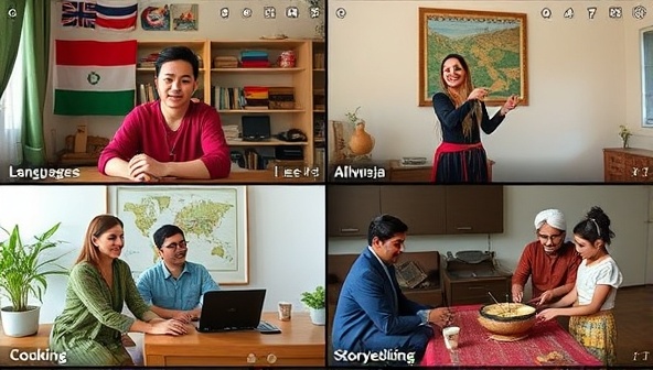 A virtual cultural exchange session featuring participants from different countries engaging in a language lesson, a traditional dance performance, an interactive cooking demonstration, and a storytelling circle, celebrating diversity and unity through shared cultural experiences.