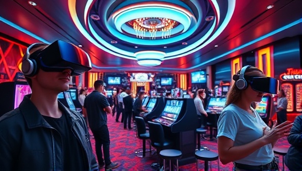An immersive virtual reality scene showcasing a futuristic and luxurious virtual casino environment with players wearing VR headsets and engaging in various games, capturing the essence of the VR Casino World experience.