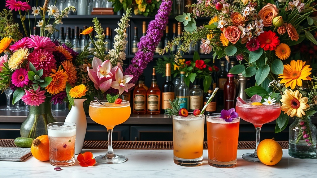 A visually stunning image of a botanical cocktail bar setup with colorful floral arrangements, exotic botanicals, and artistically crafted cocktails garnished with edible flowers and herbs, evoking a sense of elegance and botanical alchemy in mixology.