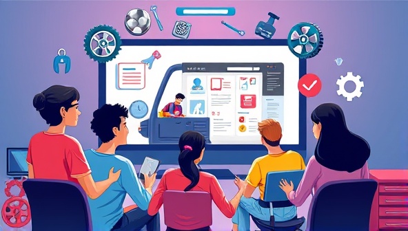 A vibrant digital illustration showcasing a diverse group of users engaging in an online car maintenance tutorial, with animated car parts floating around them and interactive tools on the screen, creating a dynamic and educational atmosphere.