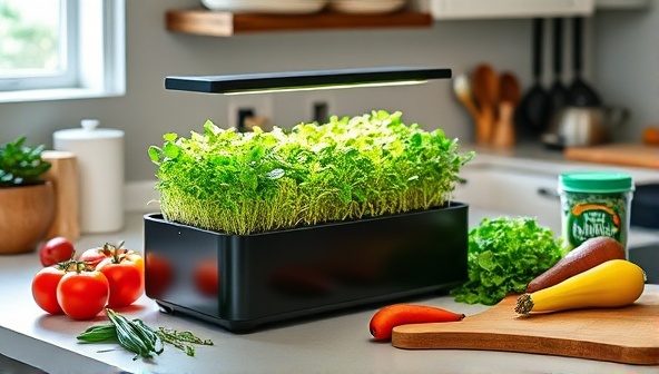 A home kitchen countertop adorned with lush, vibrant microgreens growing in a stylish and compact grow kit, surrounded by fresh ingredients and kitchen utensils, showcasing the simplicity and beauty of Greenscape Grow Kits for home cultivation.