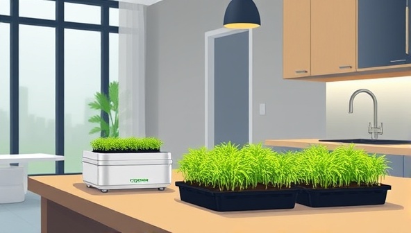 An illustration of a sleek, modern indoor space with a CityGreens Grow Kit set up on a kitchen counter, showcasing vibrant microgreens sprouting from the grow trays, highlighting the simplicity and freshness of urban microgreen farming.
