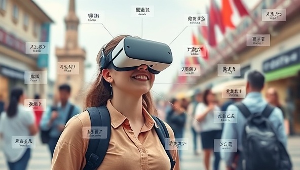 A traveler wearing a VR headset and interacting with a virtual language translation interface, seamlessly communicating with locals in a foreign destination, surrounded by digital translations and cultural symbols, illustrating the convenience and accuracy of VR language support.