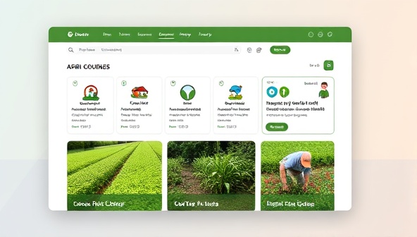 An online learning platform interface displaying a range of agricultural courses, with images of lush green farms and hands-on farming activities to convey the practical nature of the training offered.