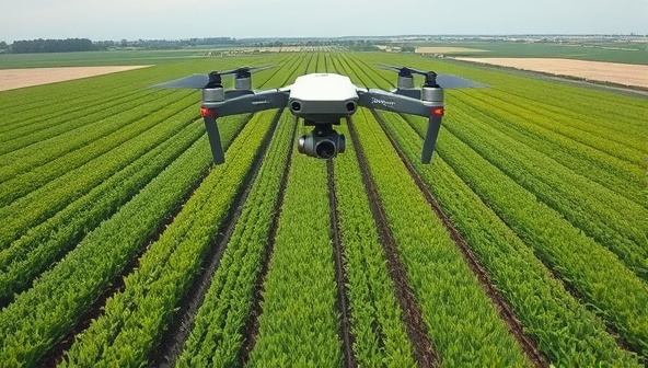 An aerial shot of lush green farmland with a drone flying overhead, capturing detailed images of crop rows and soil patterns, symbolizing the efficiency and precision of drone-based agriculture services for improved farm management.