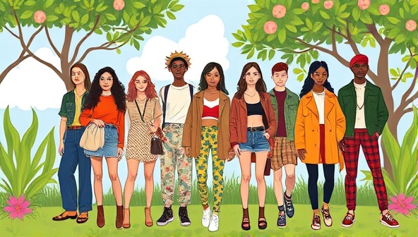 An eye-catching digital illustration featuring a diverse group of individuals wearing stylish vegan outfits in a vibrant, eco-friendly setting, symbolizing ethical fashion choices and environmental consciousness.