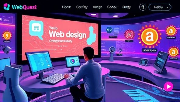 An imaginative scene of a user navigating a vibrant and interactive virtual learning environment within WebQuest Academy, engaging with gamified web design challenges and earning badges, surrounded by digital elements representing different web design concepts and tools.