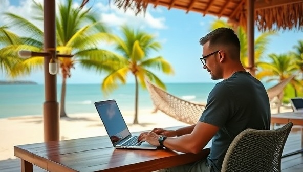 A digital nomad working on a laptop at a scenic beachfront co-working space, surrounded by palm trees, a hammock, and a view of the ocean, capturing the essence of work-life balance and remote work flexibility.