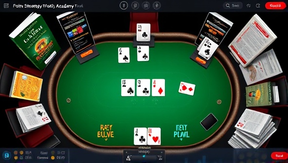 A digital poker table with virtual cards, chips, and coaching tools, surrounded by poker strategy guides and educational resources, representing the interactive and educational environment of Poker Mastery Academy's online poker coaching platform.