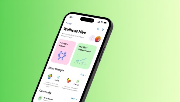 A mobile screen mockup showcasing the Wellness Hive app interface with personalized wellness plans, fitness challenges, nutrition trackers, and a community chat feature, highlighting the user-friendly design and comprehensive health support available at the users' fingertips.