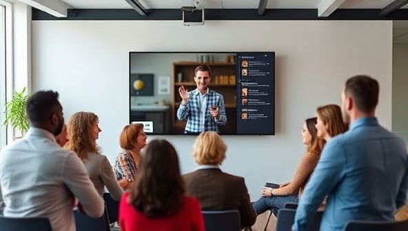 An engaging virtual workshop setting with a diverse group of participants interacting with a dynamic presenter discussing personal branding strategies on a digital screen, creating an immersive and educational experience that captures the essence of BrandU Virtual's workshops.