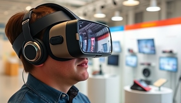 A virtual reality headset showcasing a user immersed in a virtual showroom with interactive product displays and detailed demonstrations, highlighting the engaging and innovative nature of VR product experiences.