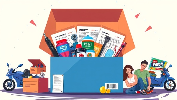 An eye-catching digital illustration featuring a colorful subscription box filled with car maintenance supplies, tools, and informational booklets, alongside a diverse group of happy subscribers engaging with the contents, conveying convenience and value in a visually appealing way.