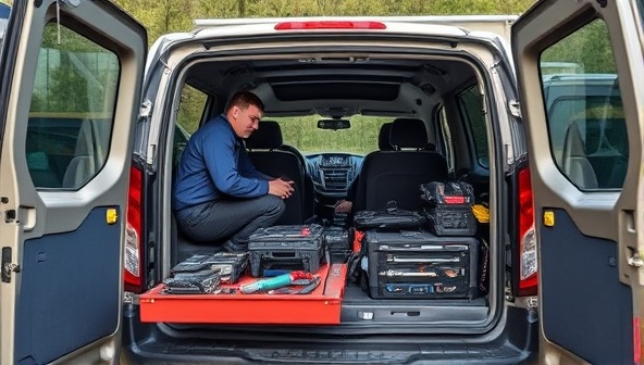 An image of a mobile mechanic team arriving at a customer's location in a fully equipped van, with tools and diagnostic equipment ready to provide on-the-spot vehicle servicing, highlighting convenience and professionalism.